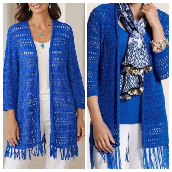 Chico's Sweaters - NWT Chico's Travelers Fringe Cardigan L 2 Kinetic Blue Open Knit Coastal Preppy